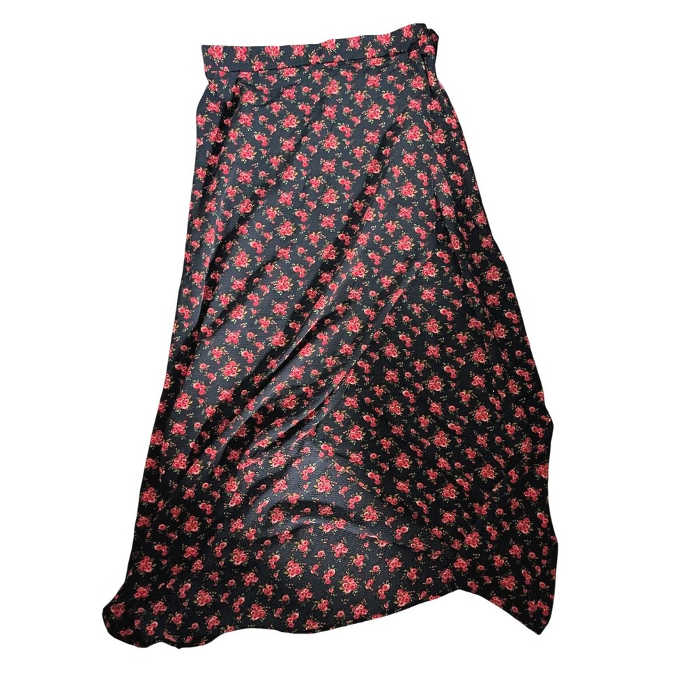 Gilli Floral Maxi Skirt Black Red Rose Faux Wrap High Low S1349 Womens XL